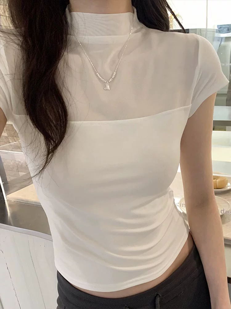 Женская футболка с сетчатым воротником-поло, шикарный сладкий и пикантный топ, лето 2025, тонкая белая с короткими рукавами