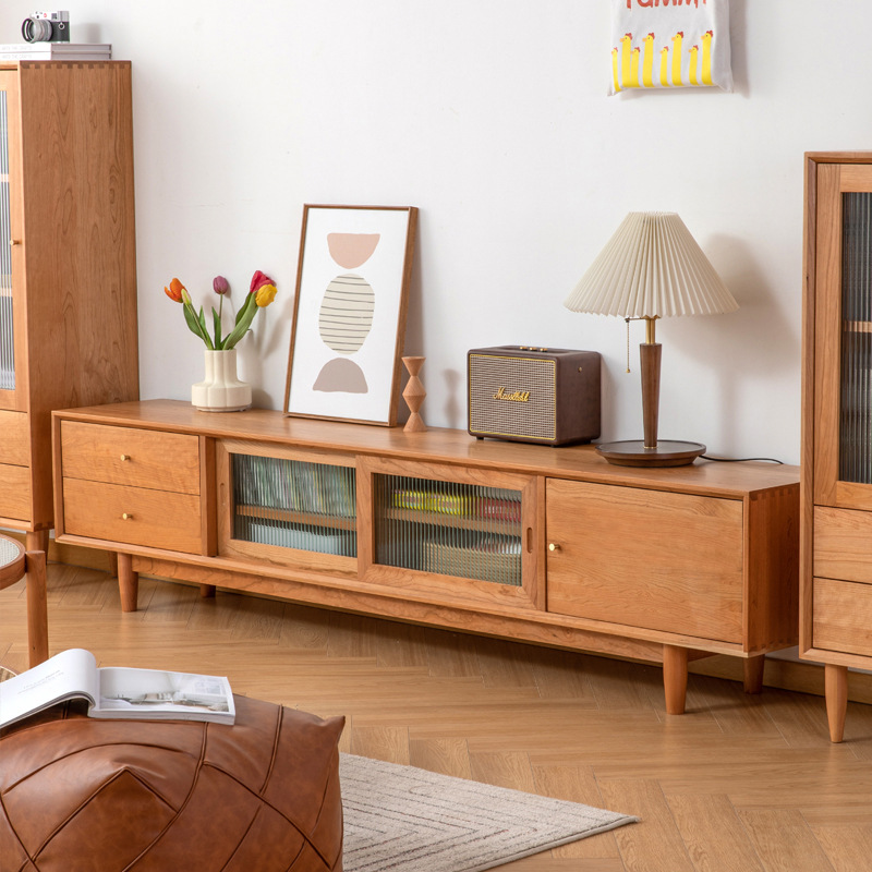Scandinavian Cherry Wood Tv Cabinet Japanese Solid Wood Sliding Door Glass Audio-Visual Cabinet Small Apartment Modern Minimalist Furniture