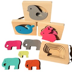 3D立體多層動物卡通拼圖益智玩具動物拼圖積木 兒童木製拼板玩具