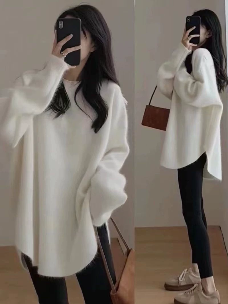 Демисезонный вязаный oversized свитер, корейский стиль, One size, свободный крой