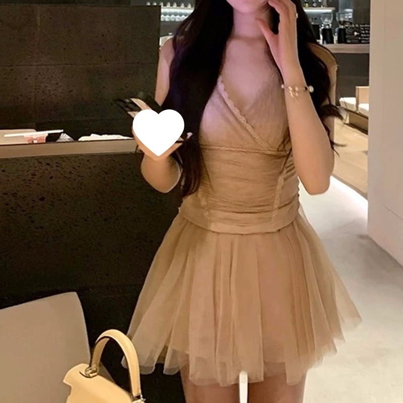 心动浅初系【芭蕾如梦】甜美气质V领蕾丝上衣/网纱裙裤套装2025新|undefined