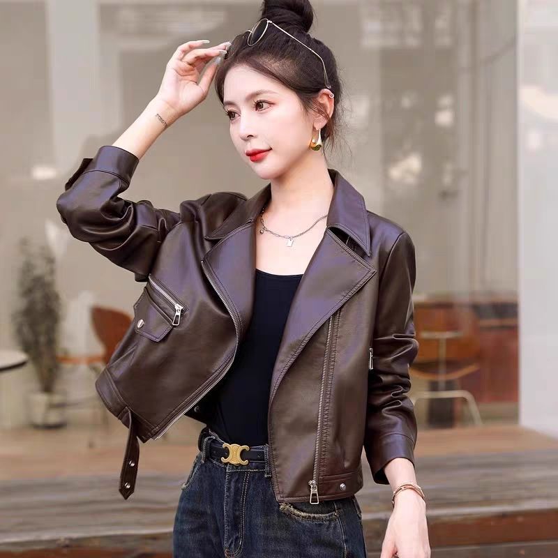Melard Short Leather Jacket for Women 2026 Spring and Autumn New Fashion Stylish Petite Biker Leather Jacket
