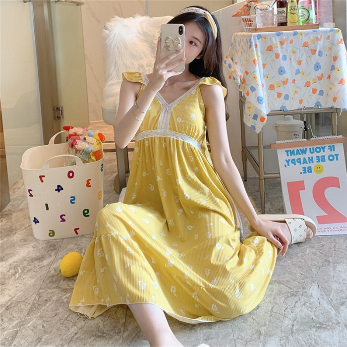 Comercio exterior al por mayor de verano estilo coreano dulce sexy con almohadilla en el pecho correa de longitud media camisón niña pijamas de encaje