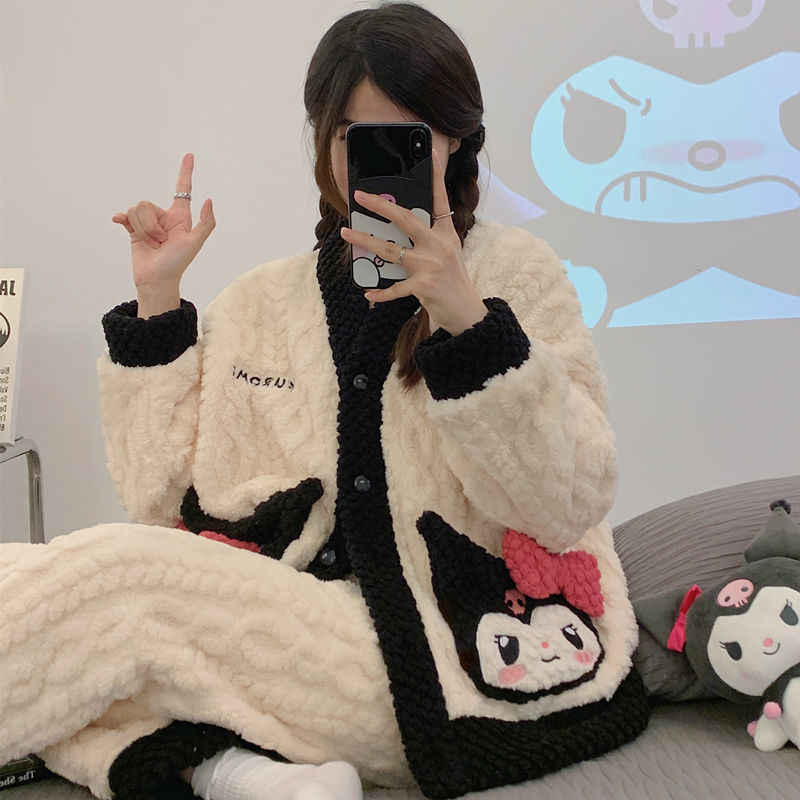 睡衣女秋冬季珊瑚绒加厚保暖韩版束口卡通可爱法兰绒家居服套装女|undefined