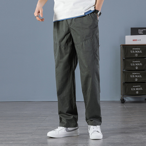 Men's Spring and Summer Pure Cotton Pants Streetwear Fashion Versatile Loose Fat and Large Straight Work Pants with Multiple Pockets