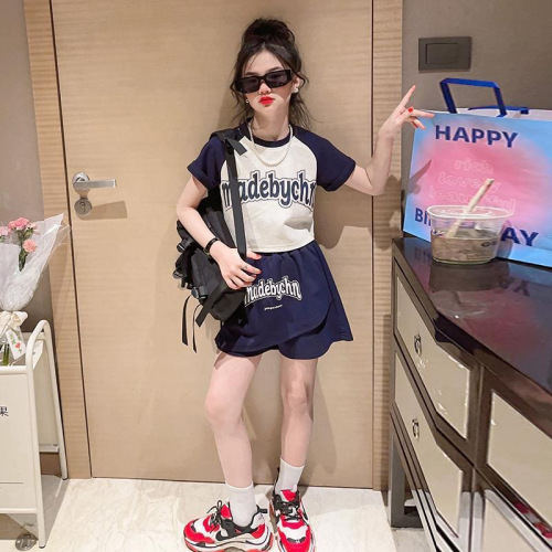 Ladie's Summer Dress Set 2024 New Medium to Large Child Trendy Cute Splicing T-shirt Skirt Korean Style Two-Piece Set
