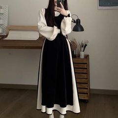 显瘦法式温柔两件套秋冬新款花边连衣裙大码黑色复古长裙高级拼接