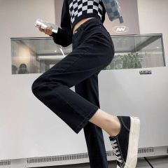 ハイウエストのストレートジーンズの女性の秋の新しい黒色のゆったりした弾力性はやせている煙管の小さい体の9分のズボンの潮を現します。