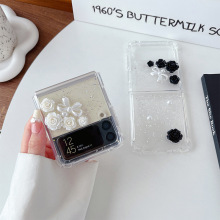 适用韩国三星zflip5翻盖式折叠屏透明手机壳ins珍珠玫瑰花小清新4