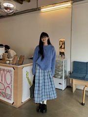 日系甜美蓝色圆领长袖毛衣女夏季2025新款宽松少女感针织衫上衣潮