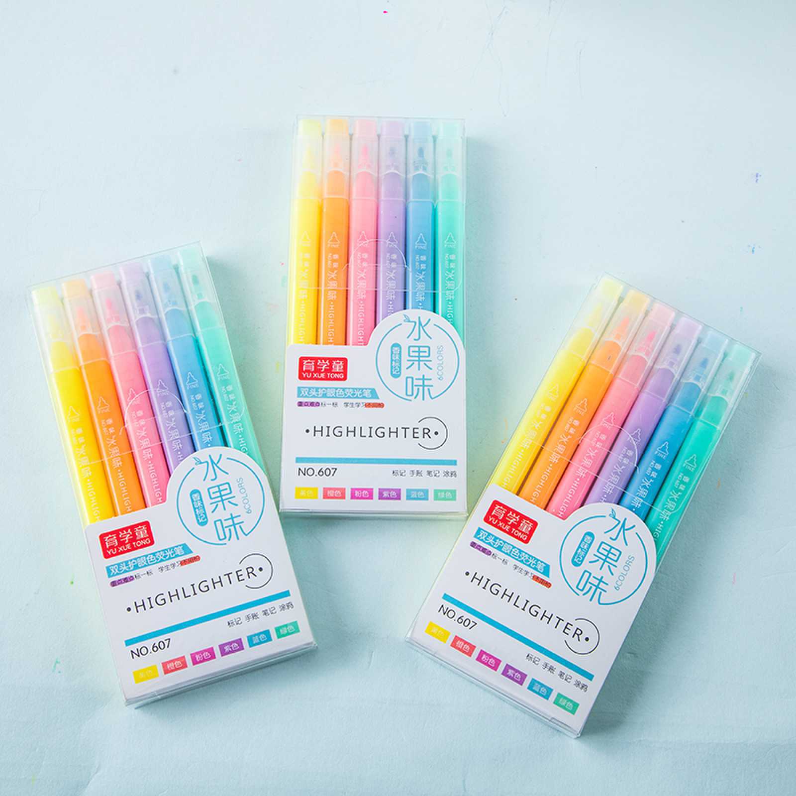 607-6 color resaltador de doble cabeza de protección para los ojos resaltador de sabor de frutas marcador de corrección de marcado de la pluma del estudiante