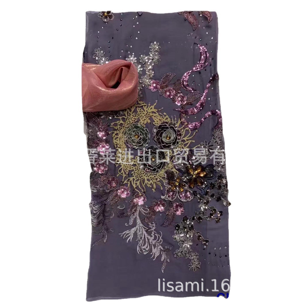 5码柔软立体绣花镶钻亮片绣丝纺面料加2码烫金丝巾 DIY连衣裙布料