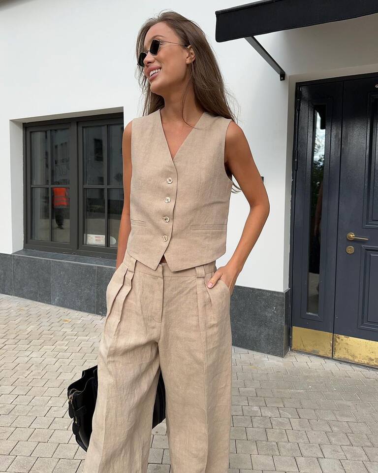 Bộ vest nữ hai mảnh áo vest không tay kèm quần cạp thấp phong cách hiện đại — Kaki, Màu cam, Màu đen chi tiết 17