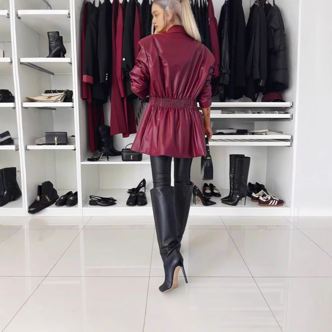 Europe and the United States cross-border foreign trade women's clothing Amazon new fashion imitation leather long sleeve temperament to win the waist suit jacket style