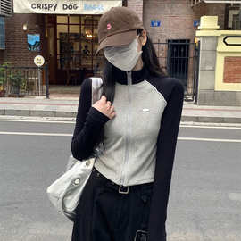 美式撞色插肩袖短款外套女装2024早秋小众设计感立领开衫长袖上衣