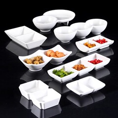 メラミンの味付けの皿の双格の連体のつけ物の皿は磁器の2格の3格の調味料の調味料の軽食の皿をまねて水の皿の碗の商用につきます。