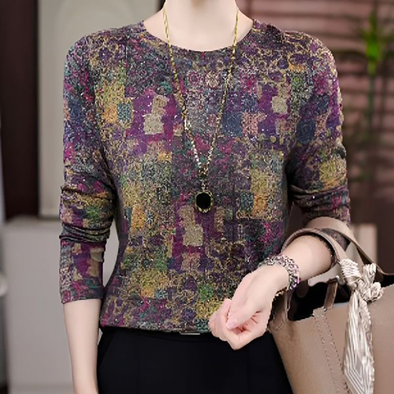 Derong Warm Women's T-Shirt Long-Sleeved New Mother's Bottoming Shirt Large Size Loose High-End Elastic Sequin Shirt for Women Derong Warm Women's T-Shirt Long-Sleeved New Mother's Bottoming Shirt Large Size Loose High-End Elastic Sequin Shirt for Women