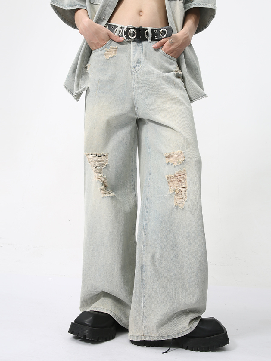 MTLCLOTHES Ropa de hombre | 2024 primavera nuevo producto japonés lavado y viejo traje de mezclilla pantalones rasgados guapos marea