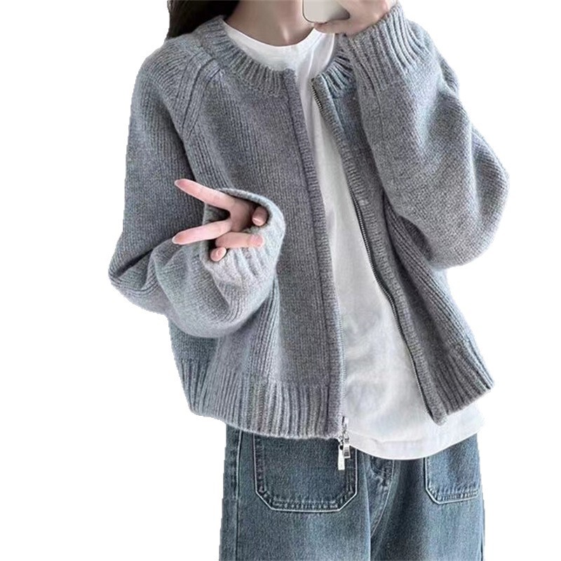 2025秋冬新款宽松灰色短款毛衣外套女装加厚拉链长袖针织开衫上衣|undefined