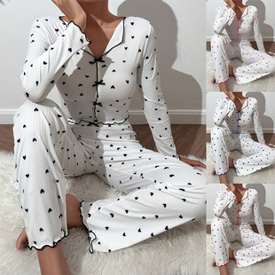 European and American Cross-Border Hot-Selling Love Printed Home Clothes Jacquard Long-Sleeved Trousers Lapel Pajamas Women Can Wear Two-Piece Set
