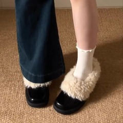 羊皮版~复古真皮加绒粗跟毛毛鞋女加厚保暖乐福小皮鞋玛丽珍单鞋