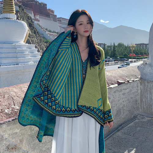 Qinghai Lijiang Xinjiang travel ethnic style shawl striped red cloak autumn and winter slit scarf thickened new fashion