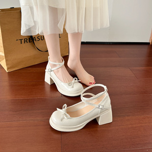 French Soft Leather Thick Heel Platform Mary Jane Shoes Fairy Height-raising Bow Buckle Shallow Mouth High Heels