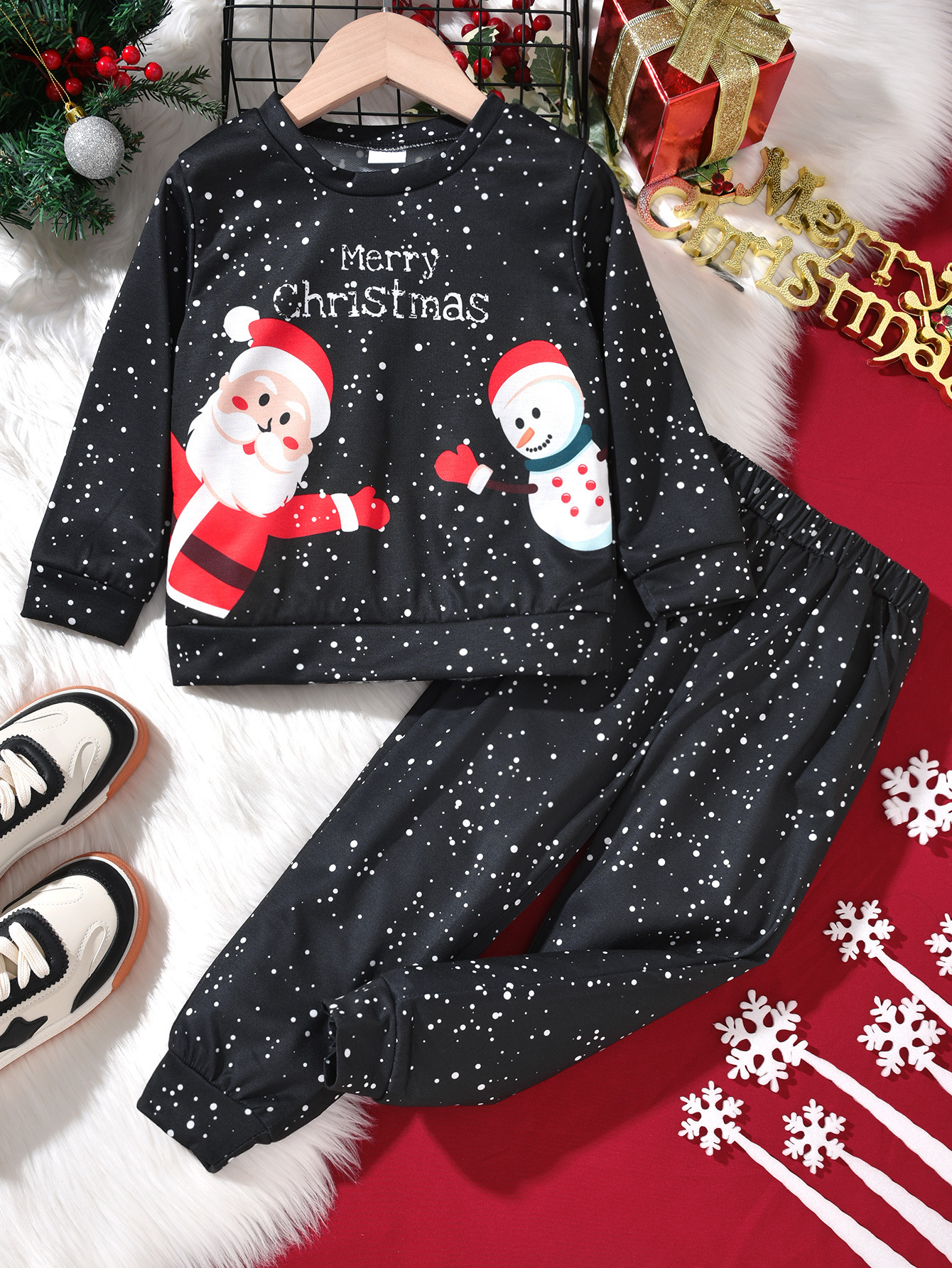 676g Weight Kids Clothing Sets Children's Clothing Type Christmas Cute Santa Claus Letter Snowman Knitted Polyester Boys Clothing Sets