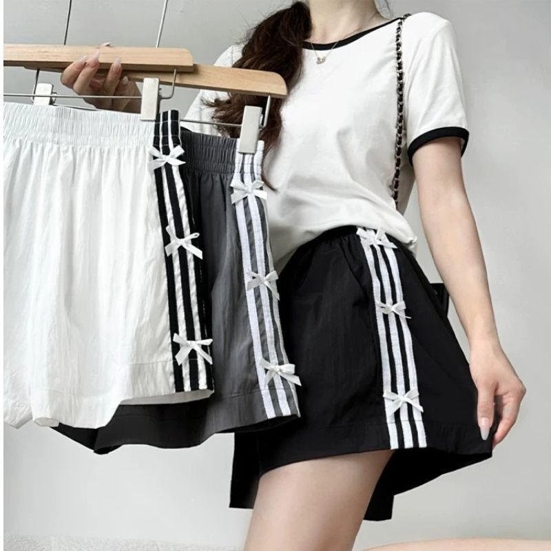 Women's bow-tie sports shorts, summer thin style, 2026 new model, quick-dry, wide-leg, casual striped knee-length shorts Women's bow-tie sports shorts, summer thin style, 2026 new model, quick-dry, wide-leg, casual striped knee-length shorts