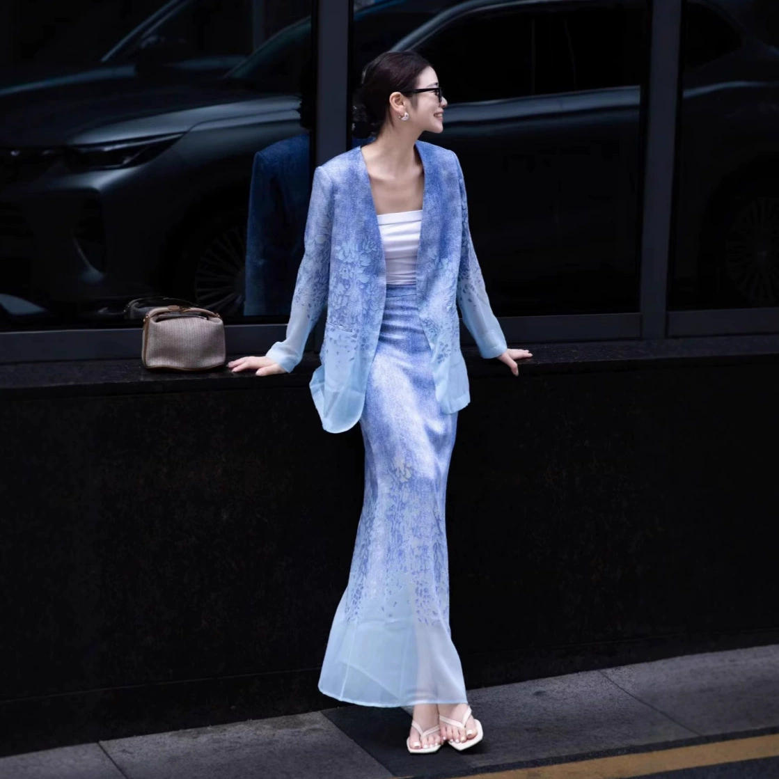 Элитный профессиональный костюм, дизайн, позиционирование, костюм без воротника с цветочным принтом, юбка-миди, комплект из двух предметов