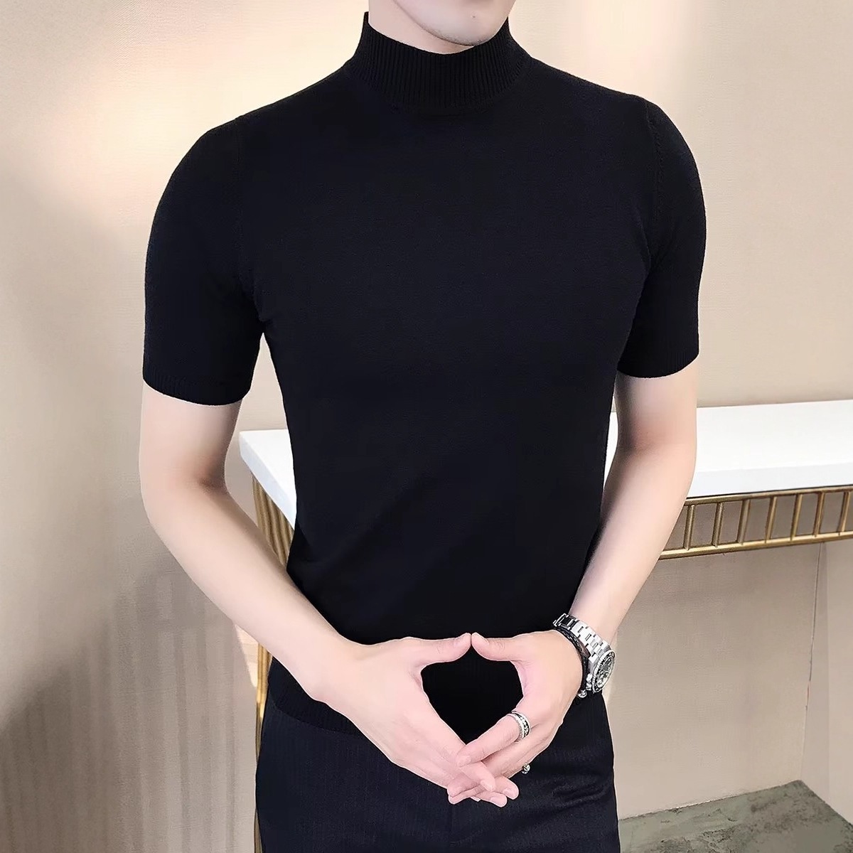 Summer Half Turtleneck Knitwear Short-Sleeved T-Shirt Men's Slim American Style Men's Knitwear Korean Dongdaemun Men's Fashion Trend