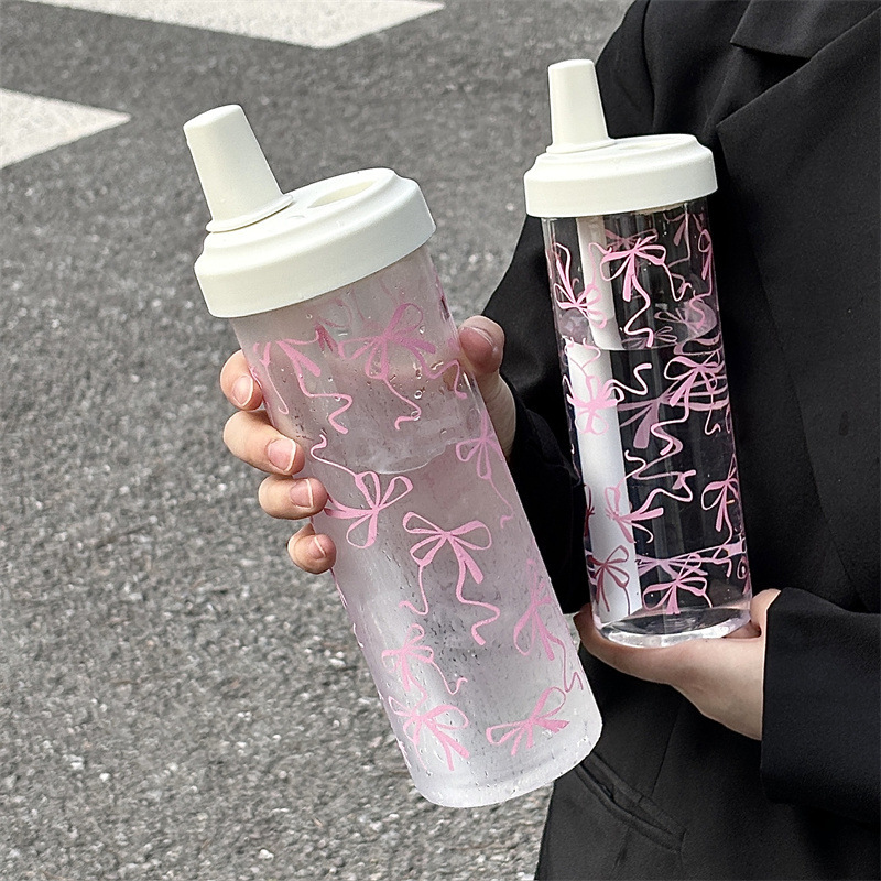 Original Design Bow Water Cup Large Capacity Straw Coffee Milk Handy Plastic Cup High-Looking Student Cup
