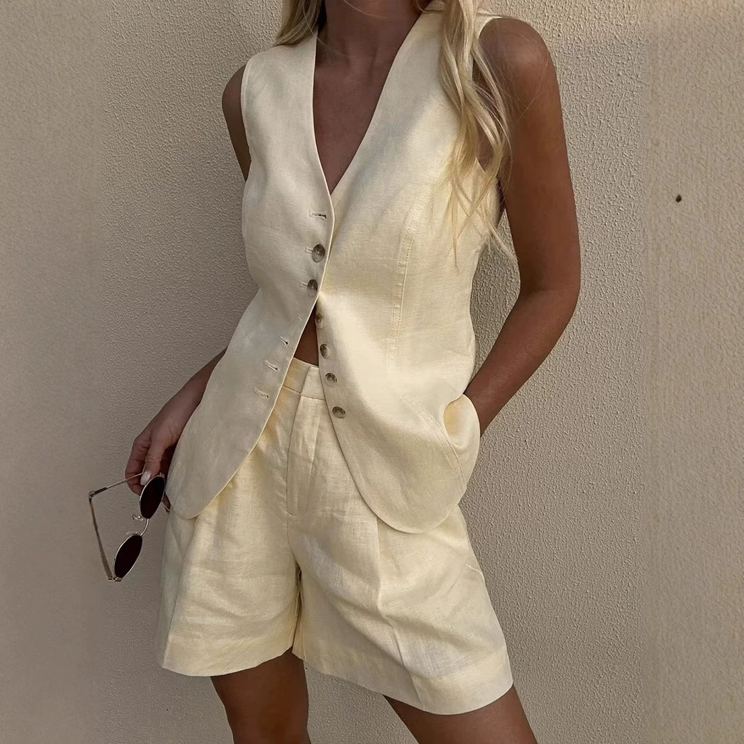 Европейский и американский трансграничный хлопковый и льняный костюм набор жилета женская летняя повседневная без рукавов шорты шорты из двух частей