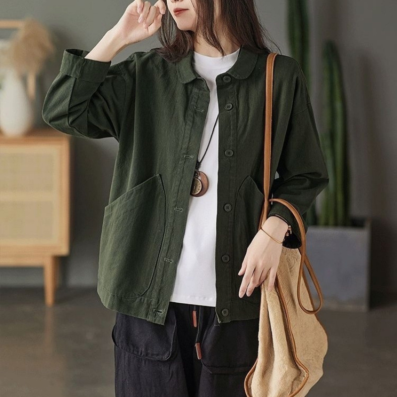 棉质外套女2025新款初秋复古斜纹棉纯色大口袋单排扣宽松休闲上衣|undefined