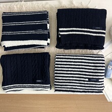 藏青色条纹学院风针织围巾女2025新款秋冬季加厚保暖百搭毛线围脖