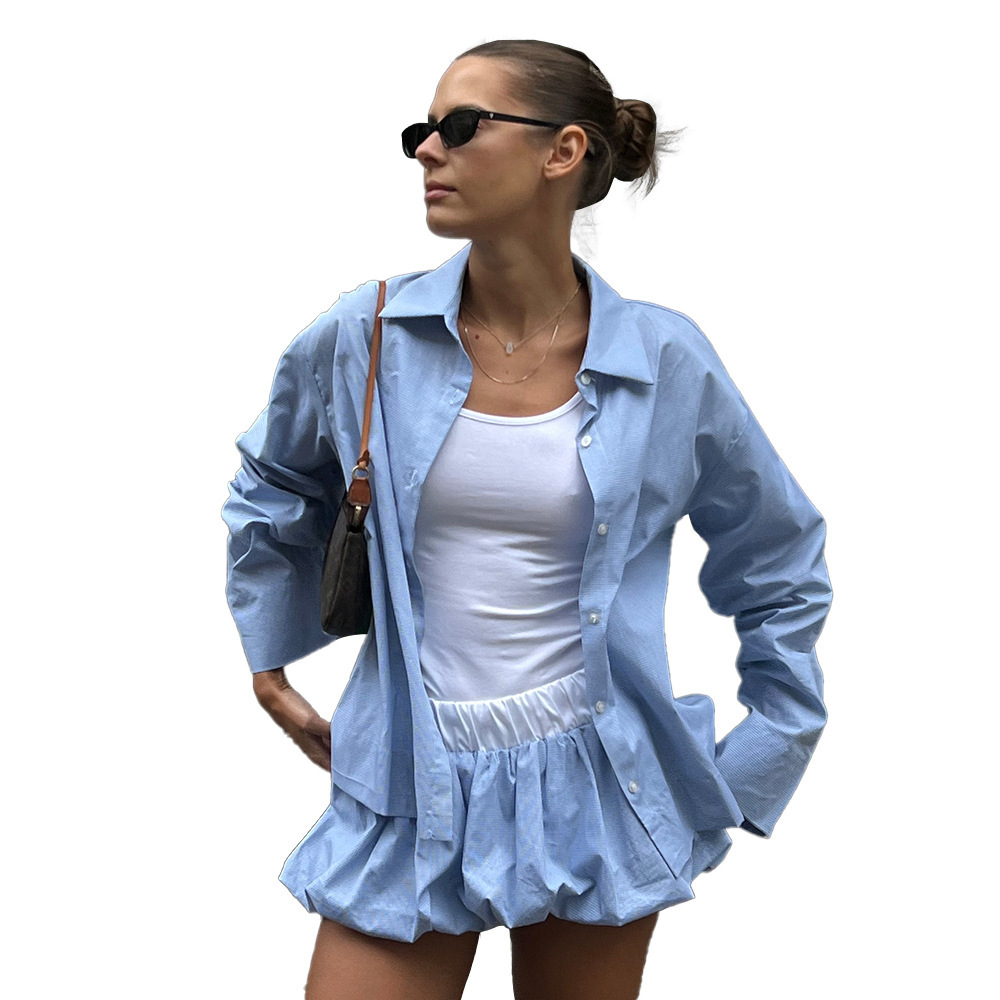 Damenbekleidung: Set aus kariertem Langarmshirt und Tulpenrock – Modisches und lässiges Outfit für Frühling und Sommer_voghion.com