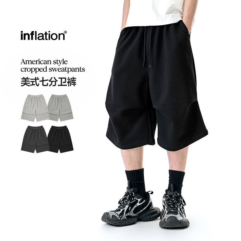 Jie Zhan Men's Clothing | American-Style Cropped Sweatpants 2026 Spring/Summer New Trendy Streetwear Wide-Leg Casual Pants Loose Shorts