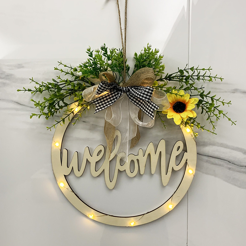 Welcome Wooden Sign for Home Decoration Door Solid Wood Hanging Decoration with Light Hollow Welcome Wreath Wooden Sign