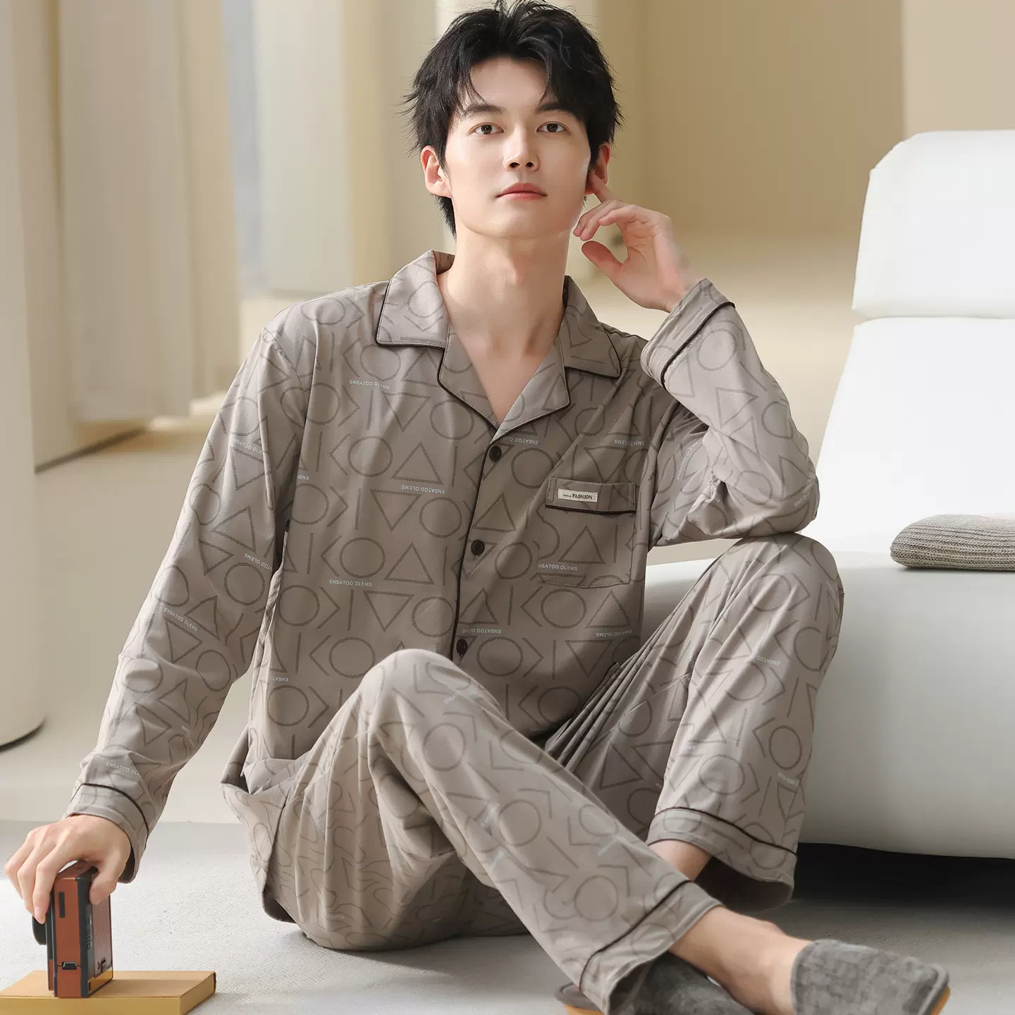新款睡衣男春秋季薄款长袖开衫套装简约休闲男士青年可外穿家居服