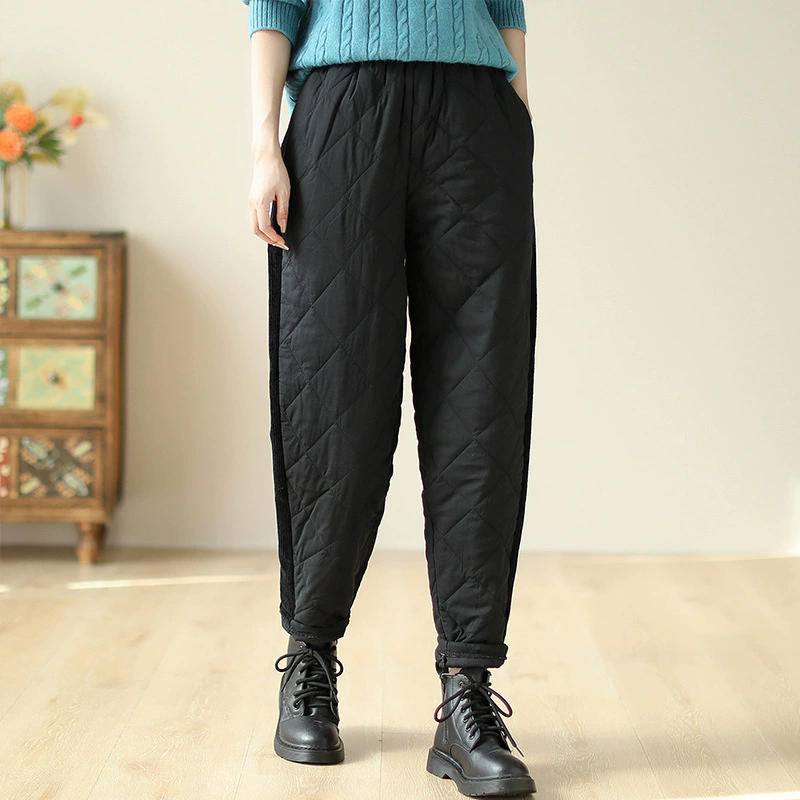 Winter solid velvet keep warm quilted trousers, elastic waist