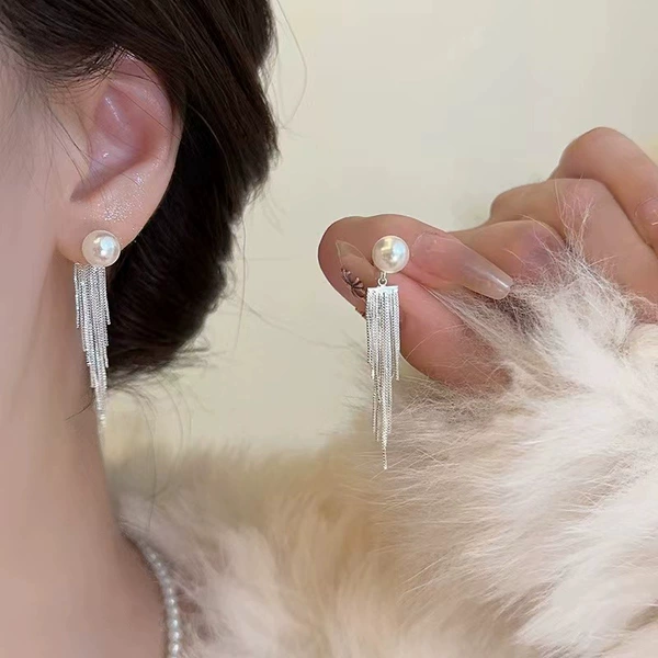 Earrings with tassels from pearl, silver 1364 sample