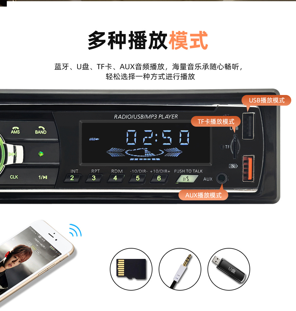 Universal Car Mp3 Bluetooth Voice Hands-Free Player with Card Slot, Dual Usb, Lossless Music Radio Jsd-521