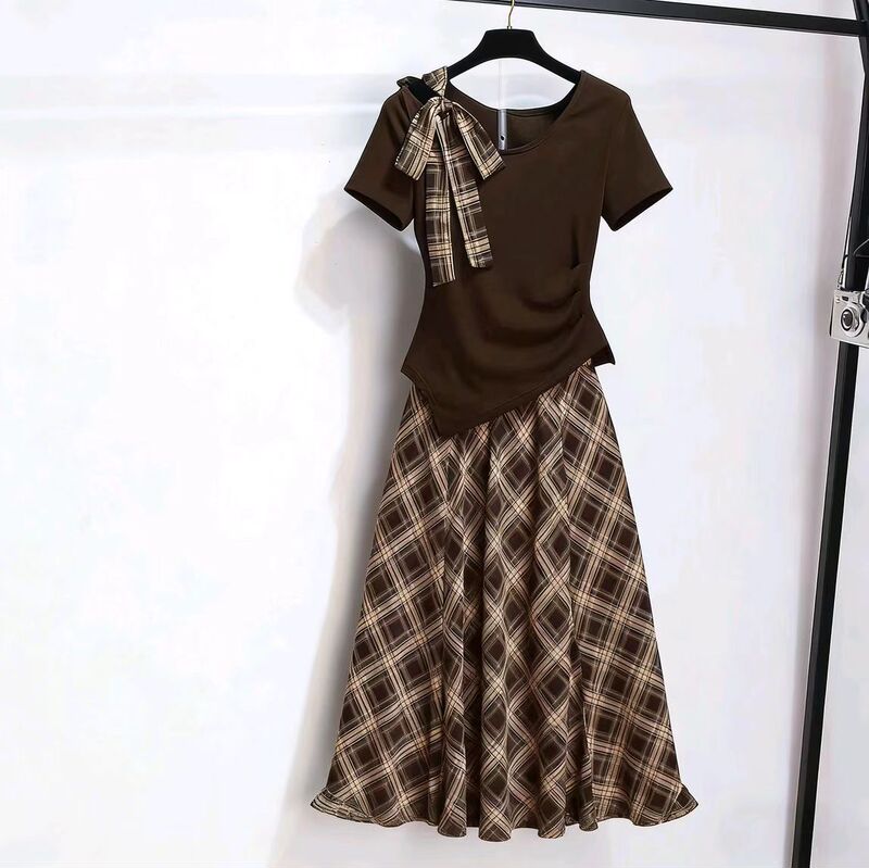 Summer Women's Clothing: Off-Shoulder Tie-Up Long-Sleeve Top and Chiffon Plaid Skirt Set, 2026 Early Summer New Dress