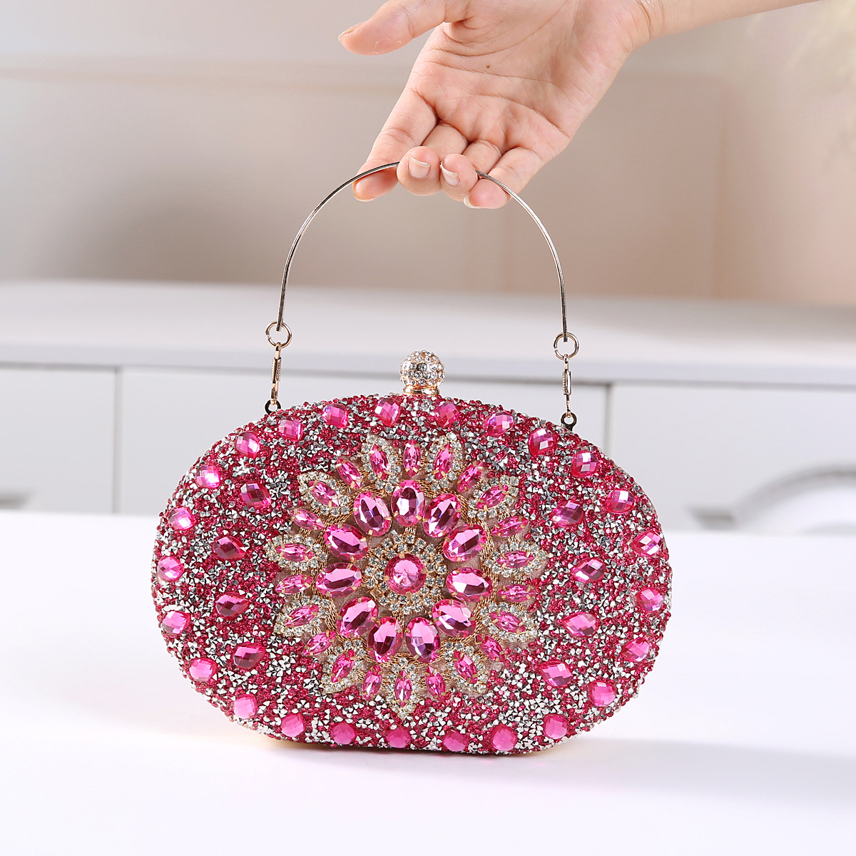 337g Weight Polyester Lining Material Lock clasp Closure Type Top Handle Strap Type Evening Bag Bags Type Party Occasion Pu Leather Material Printing Pattern All Seasons Season Women's Gender Diamond Design Elegant Style Oval Shape Small Size Pu Leather Printing Oval Evening Bags 7