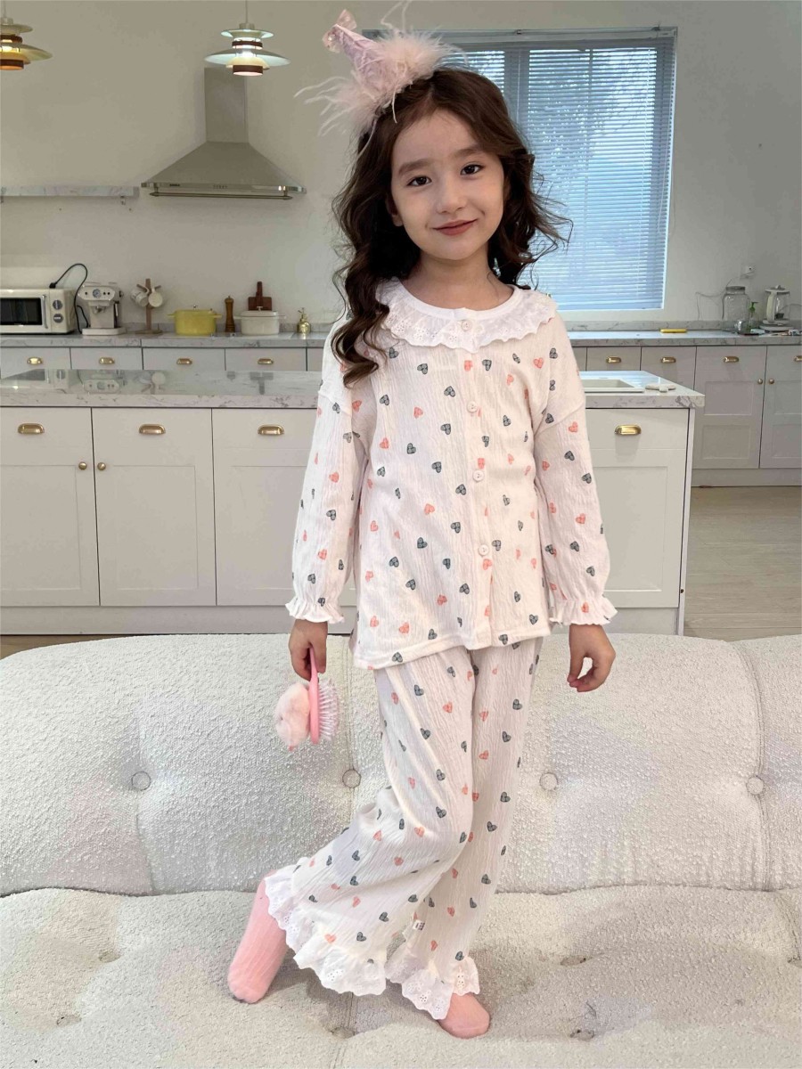 Cardigan de primavera para niños, set de algodón elástico coreano lindo ropa de aire acondicionado, pijamas de encaje, ropa para el hogar para bebés
