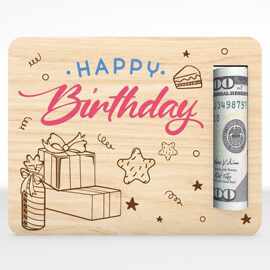 跨境热卖Happy Birthday Money Holder生日钱夹木制钱币礼品卡夹