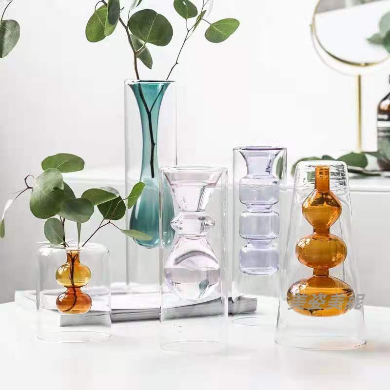 Nórdico ins transparente vidrio doble color florero creativo hidropónico flor salón decoración del hogar Decoración