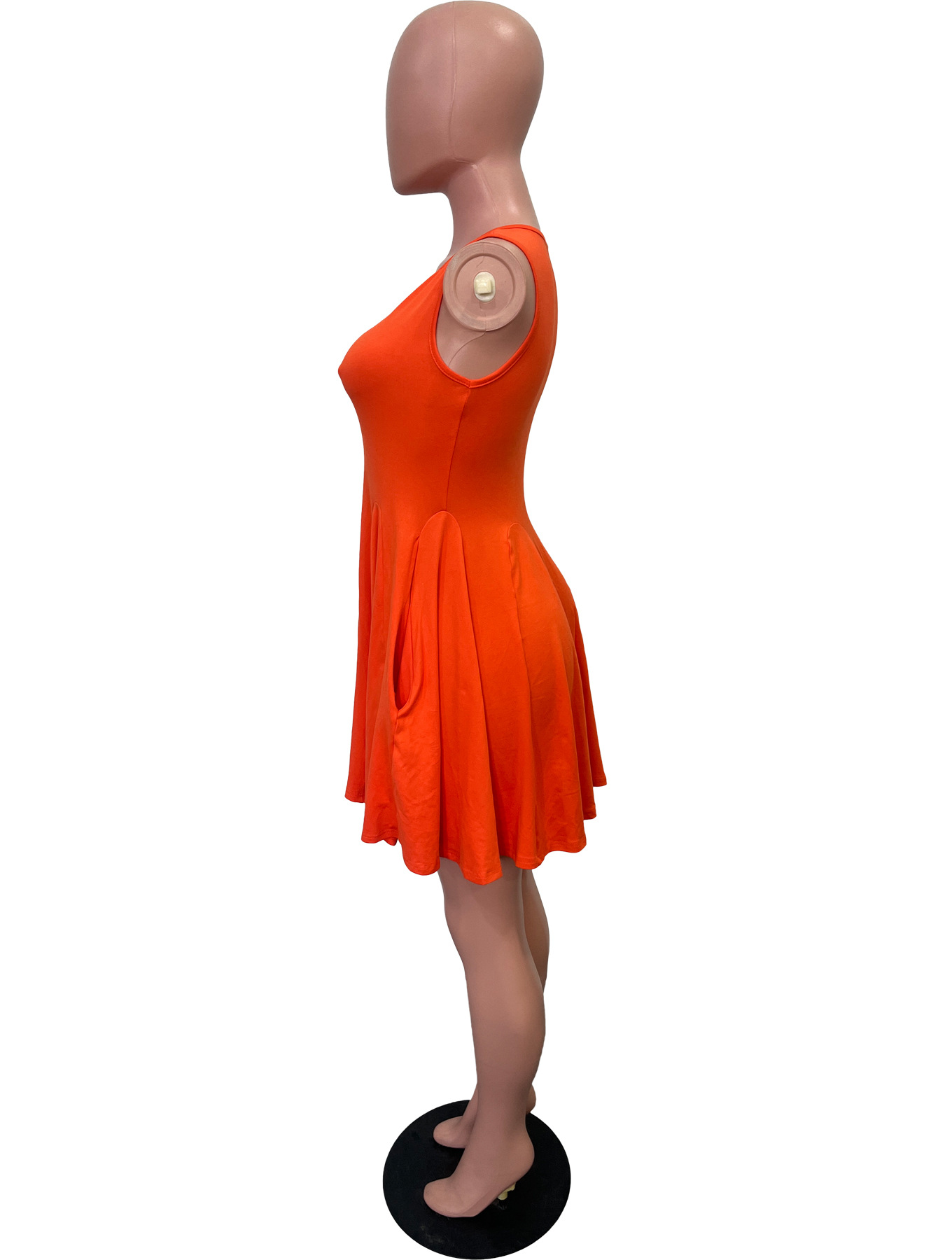Women Clothing for Spring Summer Solid Color Round Neck Sleeveless Pocket Mini Dress