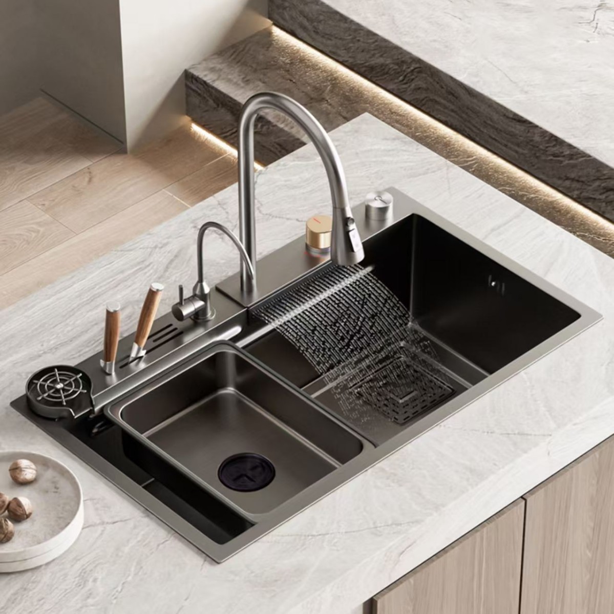lavabo de agua de cascada de lluvia volante con soporte de cuchillos gran tanque único nano lavavajillas debajo de la mesa lavabo de verduras cocina hogar cubierta cuadrada recolección de escoria image 1