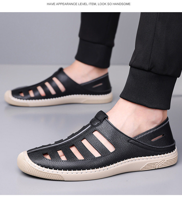 Giày lười sandal nam thoáng khí khoét lỗ, mũi tròn, đế cao su chống trượt — Màu nâu, màu đen chi tiết 15